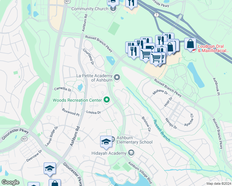 map of restaurants, bars, coffee shops, grocery stores, and more near 44023 Gala Circle in Ashburn