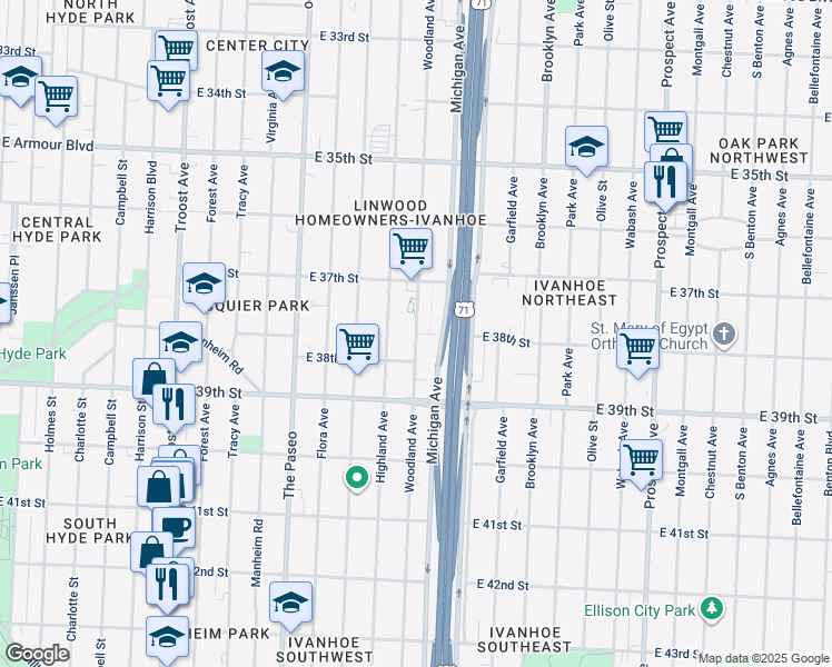 map of restaurants, bars, coffee shops, grocery stores, and more near Woodland Avenue in Kansas City