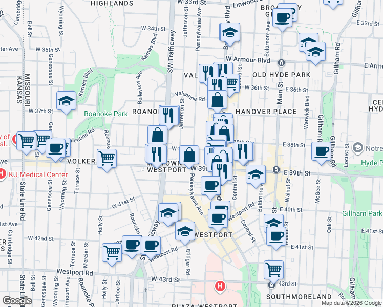 map of restaurants, bars, coffee shops, grocery stores, and more near 3724 Pennsylvania Avenue in Kansas City