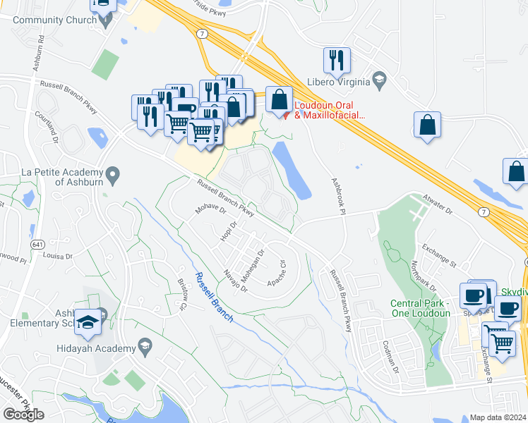 map of restaurants, bars, coffee shops, grocery stores, and more near Babbling Brook Terrace in Ashburn