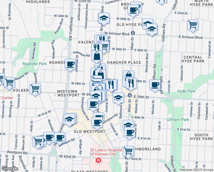 map of restaurants, bars, coffee shops, grocery stores, and more near in Kansas City
