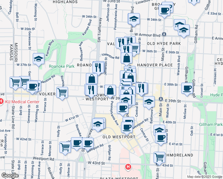 map of restaurants, bars, coffee shops, grocery stores, and more near 3724 Pennsylvania Avenue in Kansas City