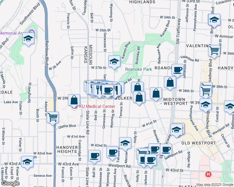 map of restaurants, bars, coffee shops, grocery stores, and more near 3801 Wyoming Street in Kansas City