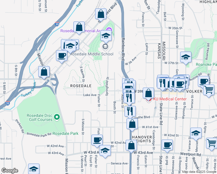 map of restaurants, bars, coffee shops, grocery stores, and more near 3748 Springfield Street in Kansas City