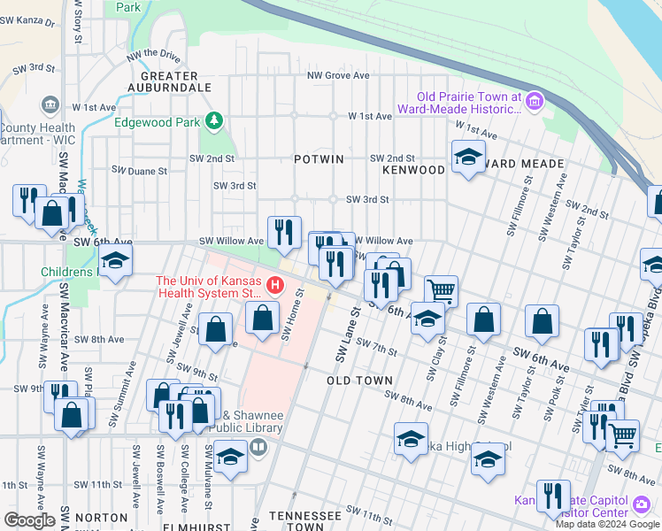 map of restaurants, bars, coffee shops, grocery stores, and more near 1515 SW Willow Ave in Topeka