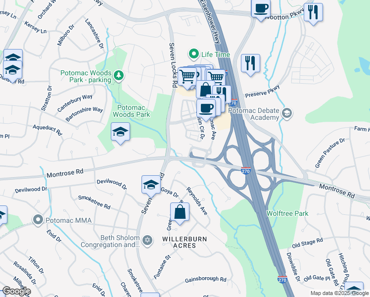 map of restaurants, bars, coffee shops, grocery stores, and more near 7811 Montrose Road in Potomac