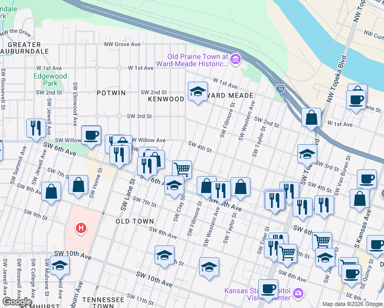 map of restaurants, bars, coffee shops, grocery stores, and more near 335 Southwest Clay Street in Topeka