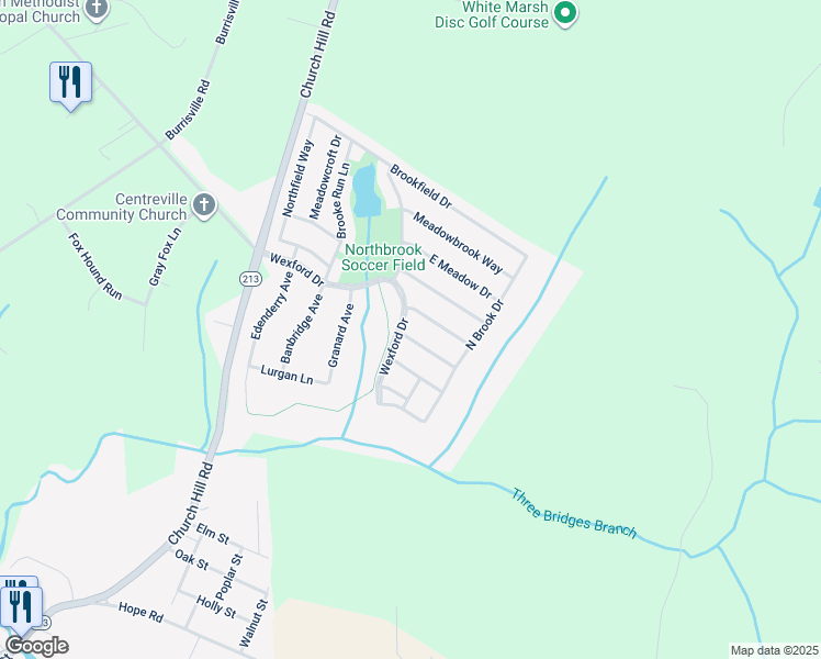 map of restaurants, bars, coffee shops, grocery stores, and more near 105 East Brook Drive in Centreville