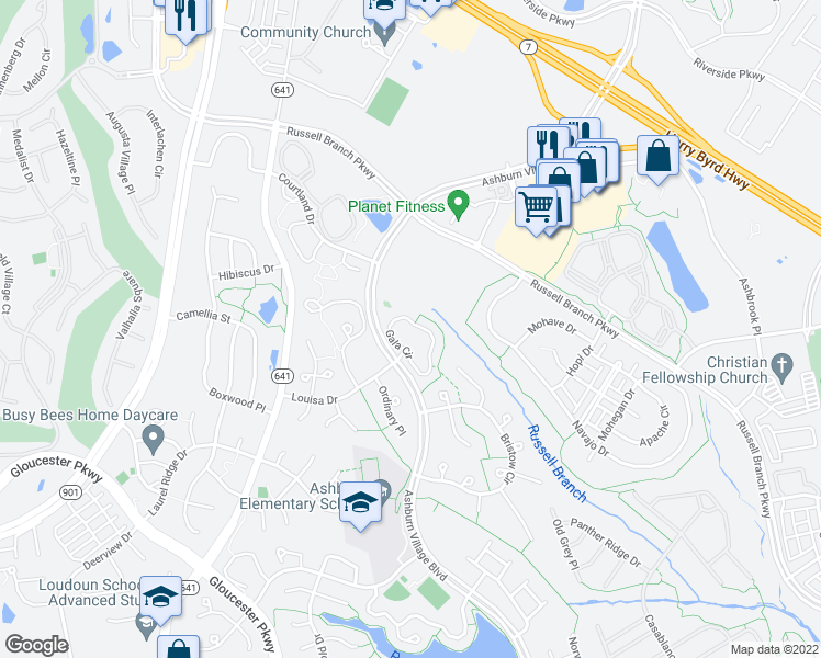 map of restaurants, bars, coffee shops, grocery stores, and more near 44047 Gala Circle in Ashburn