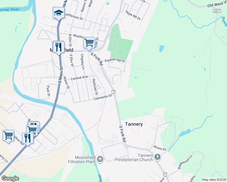 map of restaurants, bars, coffee shops, grocery stores, and more near 109 South Fork Road in Moorefield
