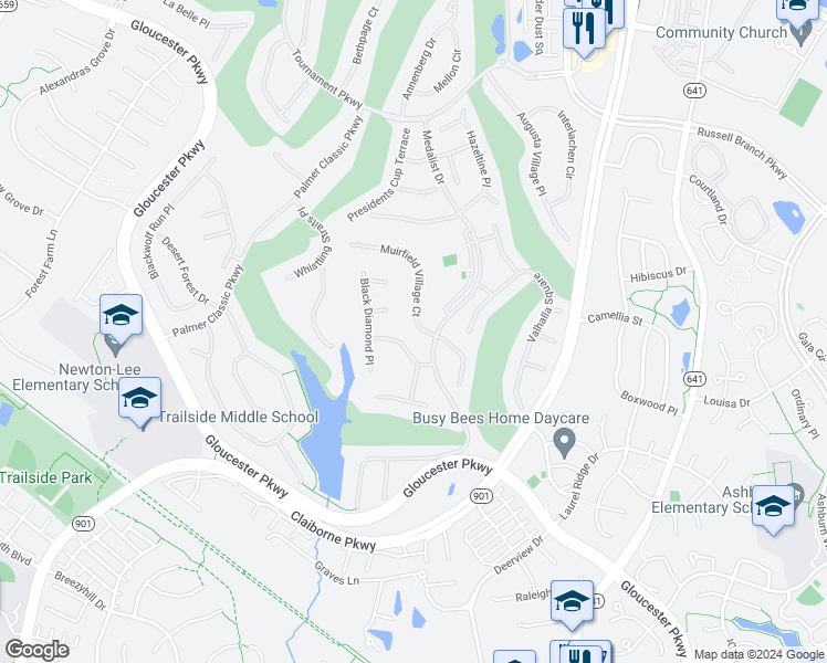 map of restaurants, bars, coffee shops, grocery stores, and more near 20127 Muirfield Village Court in Ashburn