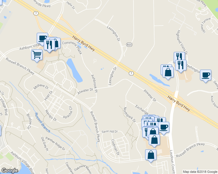 map of restaurants, bars, coffee shops, grocery stores, and more near 20198 Lexington Drive in Ashburn