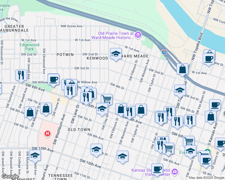map of restaurants, bars, coffee shops, grocery stores, and more near 335 Southwest Clay Street in Topeka