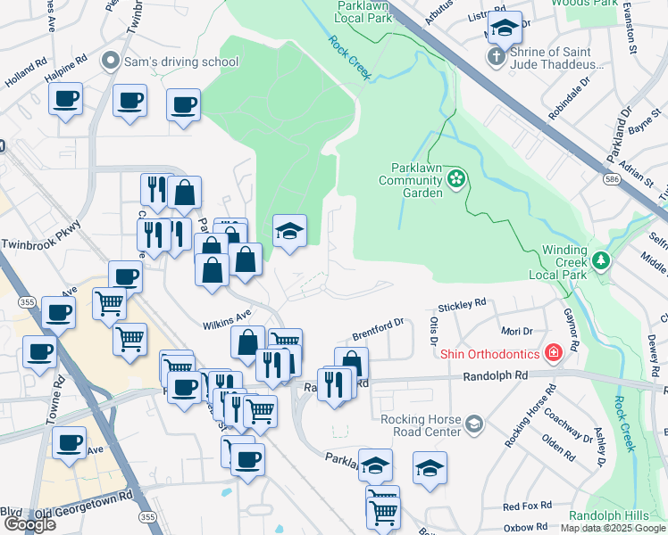 map of restaurants, bars, coffee shops, grocery stores, and more near 12303 Braxfield Court in Rockville