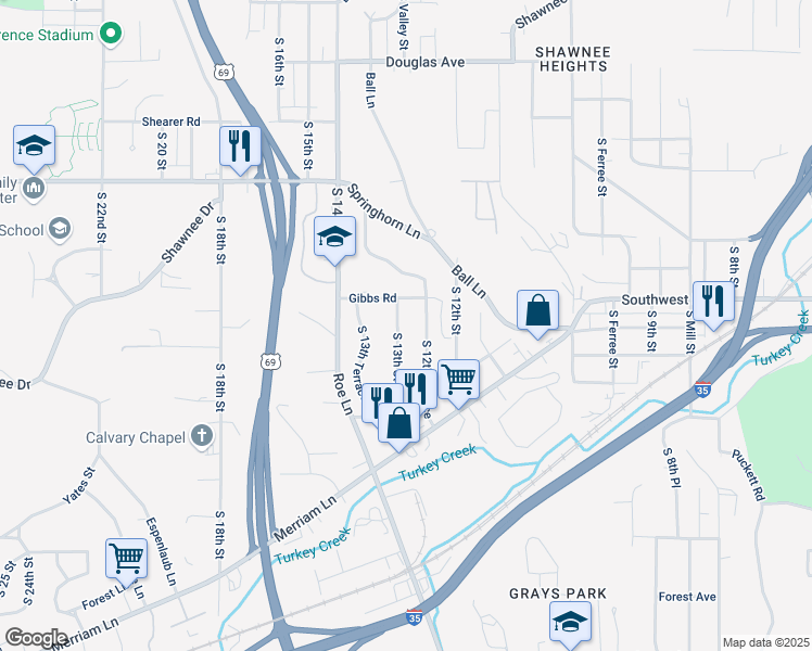 map of restaurants, bars, coffee shops, grocery stores, and more near 2406 South 13th Street in Kansas City