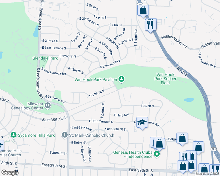 map of restaurants, bars, coffee shops, grocery stores, and more near 3384 South Peck Circle in Independence