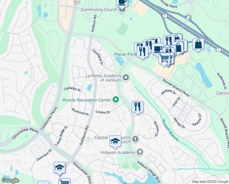 map of restaurants, bars, coffee shops, grocery stores, and more near 44018 Ferncliff Terrace in Ashburn