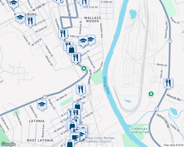 map of restaurants, bars, coffee shops, grocery stores, and more near 2625 Greenup Street in Covington