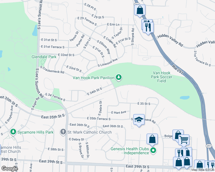 map of restaurants, bars, coffee shops, grocery stores, and more near 3384 South Peck Circle in Independence