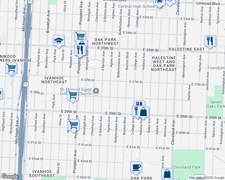 map of restaurants, bars, coffee shops, grocery stores, and more near 3706 Bellefontaine Avenue in Kansas City