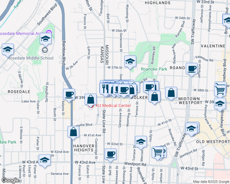 map of restaurants, bars, coffee shops, grocery stores, and more near 3806 Bell Street in Kansas City
