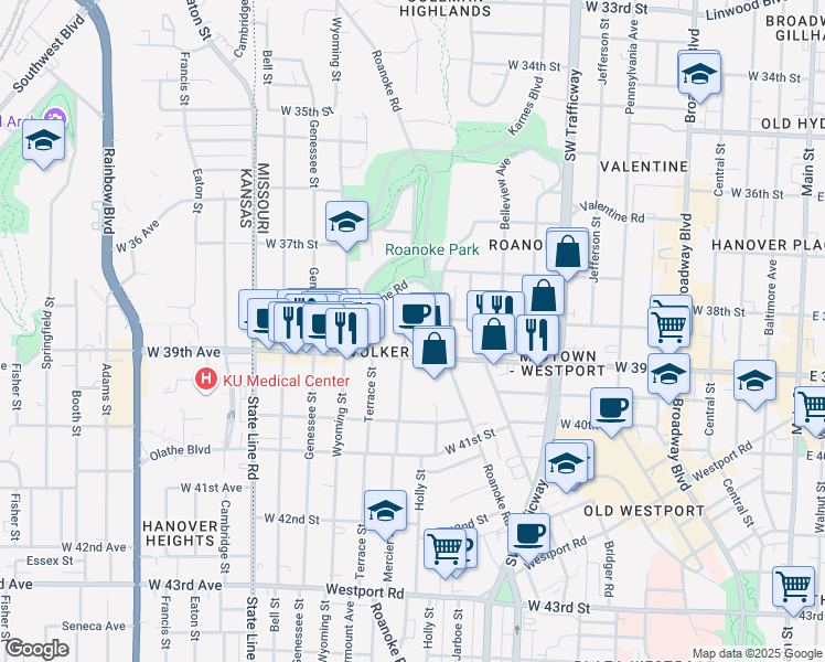 map of restaurants, bars, coffee shops, grocery stores, and more near 3734 Valentine Road in Kansas City