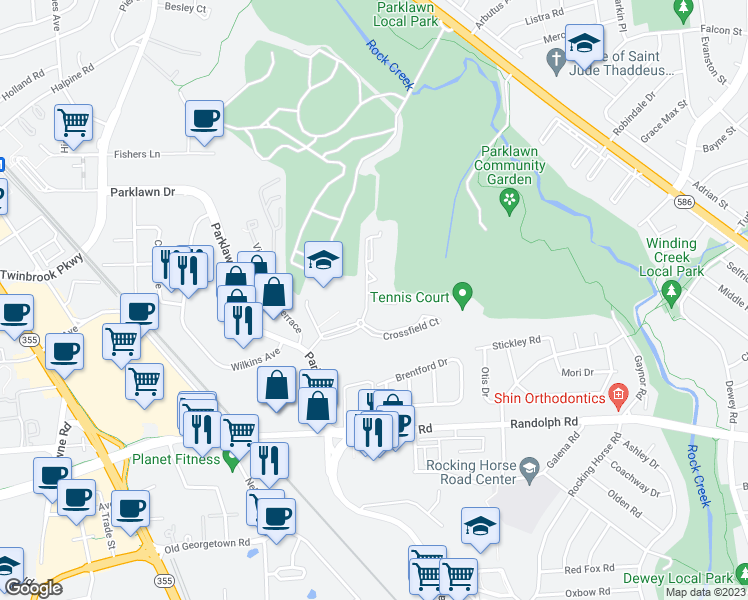 map of restaurants, bars, coffee shops, grocery stores, and more near 12303 Braxfield Court in Rockville