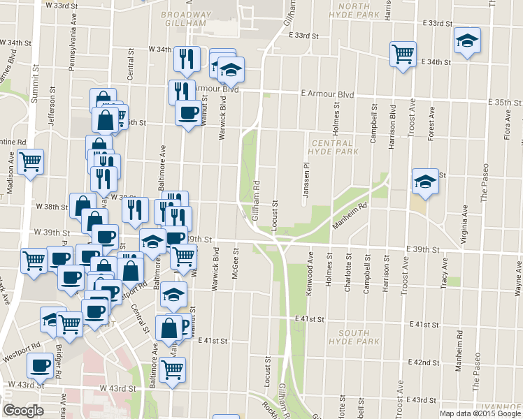 map of restaurants, bars, coffee shops, grocery stores, and more near 3801 Gillham Rd in Kansas City