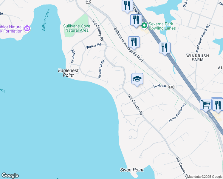 map of restaurants, bars, coffee shops, grocery stores, and more near 105 Trailing Ivy Lane in Severna Park