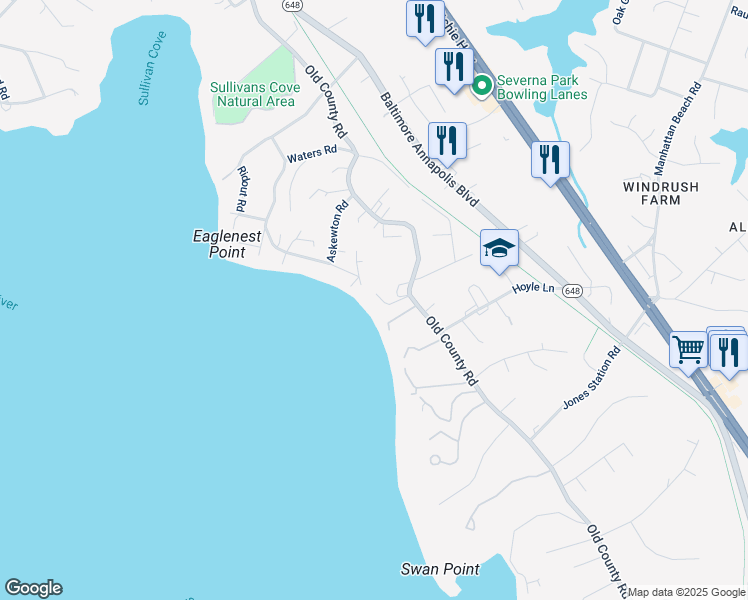 map of restaurants, bars, coffee shops, grocery stores, and more near 105 Trailing Ivy Lane in Severna Park
