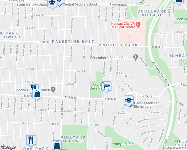 map of restaurants, bars, coffee shops, grocery stores, and more near 3711 Jackson Avenue in Kansas City