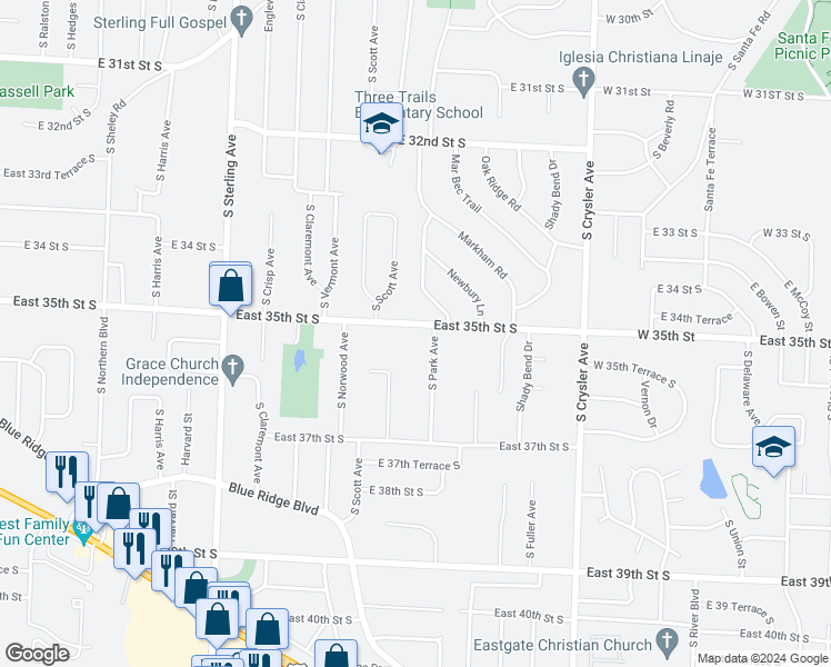 map of restaurants, bars, coffee shops, grocery stores, and more near 11605 East 35th Street South in Independence