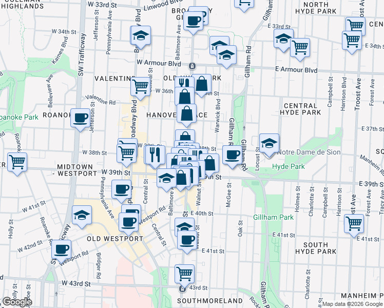 map of restaurants, bars, coffee shops, grocery stores, and more near 3745 Main Street in Kansas City