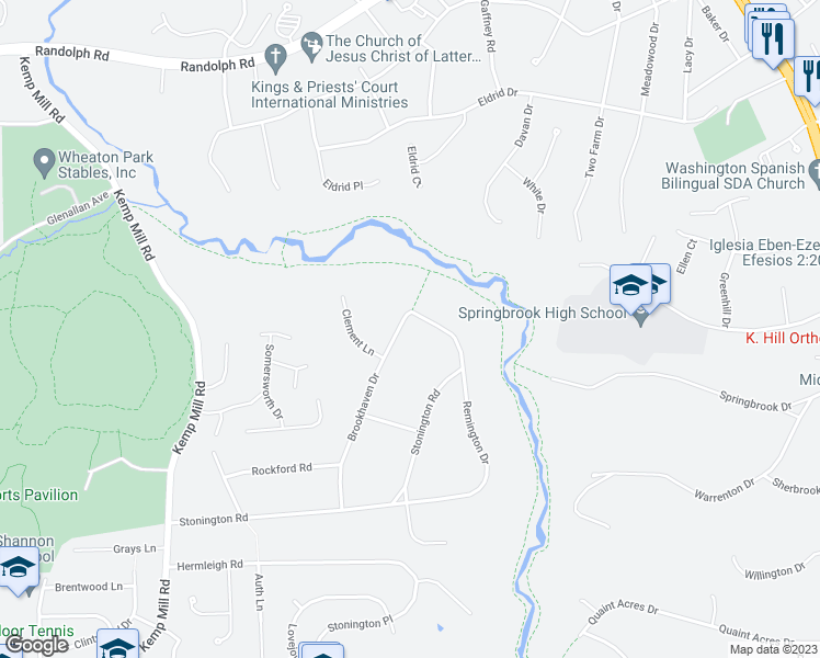 map of restaurants, bars, coffee shops, grocery stores, and more near 12319 Brookhaven Drive in Silver Spring