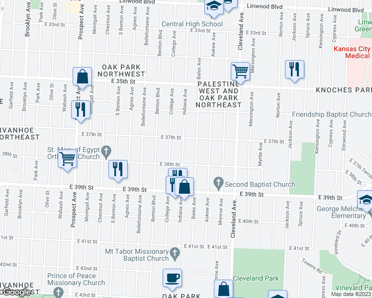 map of restaurants, bars, coffee shops, grocery stores, and more near 3719 Indiana Avenue in Kansas City