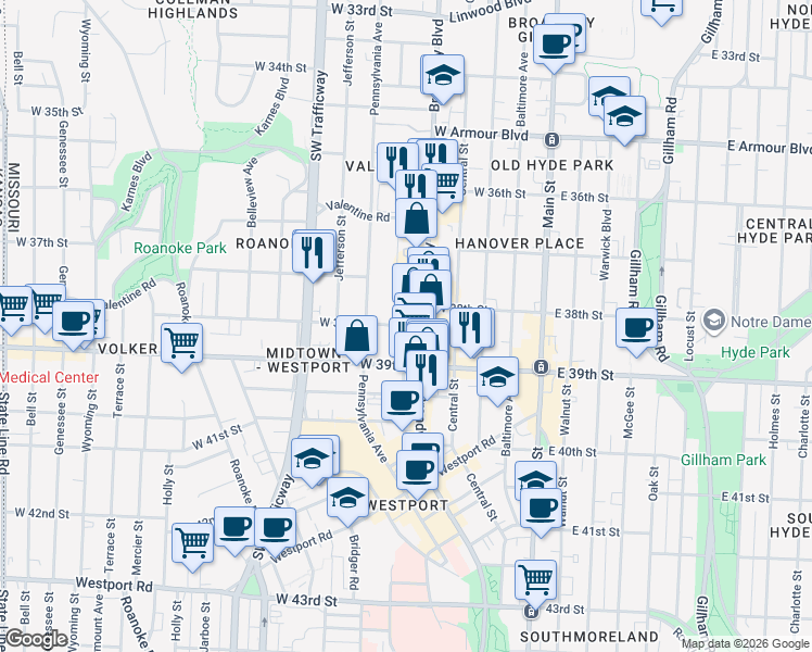 map of restaurants, bars, coffee shops, grocery stores, and more near Washington Street & West 38th Street in Kansas City