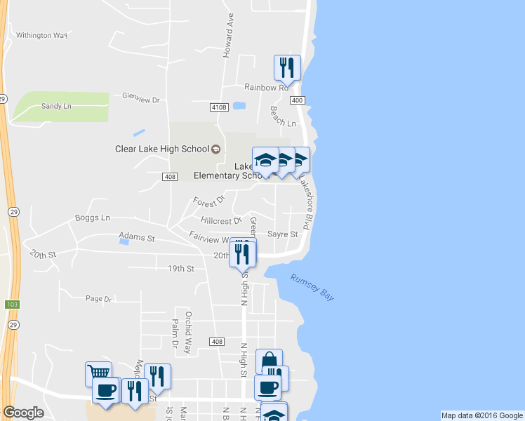 map of restaurants, bars, coffee shops, grocery stores, and more near 250 Hillcrest Drive in Lakeport