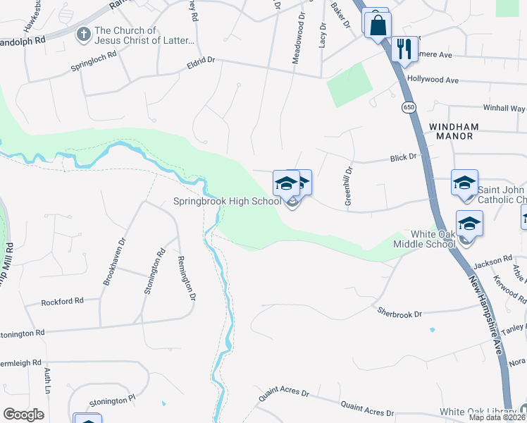 map of restaurants, bars, coffee shops, grocery stores, and more near 205 Valley Brook Drive in Silver Spring
