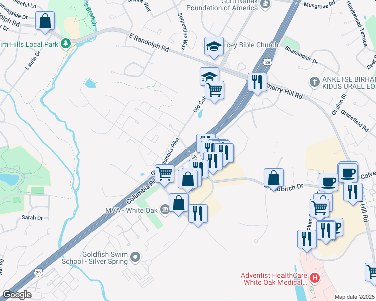 map of restaurants, bars, coffee shops, grocery stores, and more near Old Columbia Pike & Tech Road in Silver Spring