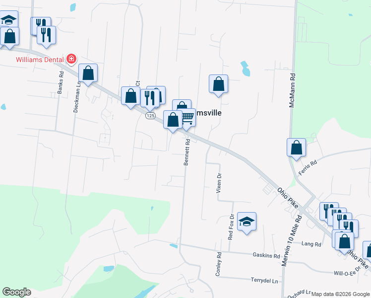 map of restaurants, bars, coffee shops, grocery stores, and more near 983 Ohio 125 in Cincinnati
