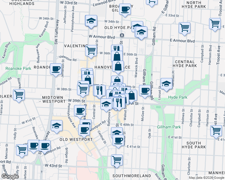 map of restaurants, bars, coffee shops, grocery stores, and more near 25 West 38th Street in Kansas City