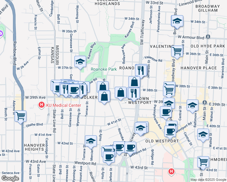 map of restaurants, bars, coffee shops, grocery stores, and more near in Kansas City