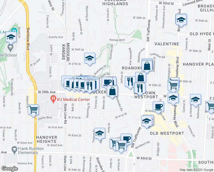 map of restaurants, bars, coffee shops, grocery stores, and more near 3734 Valentine Road in Kansas City