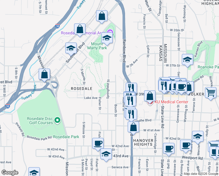 map of restaurants, bars, coffee shops, grocery stores, and more near 3748 Springfield Street in Kansas City