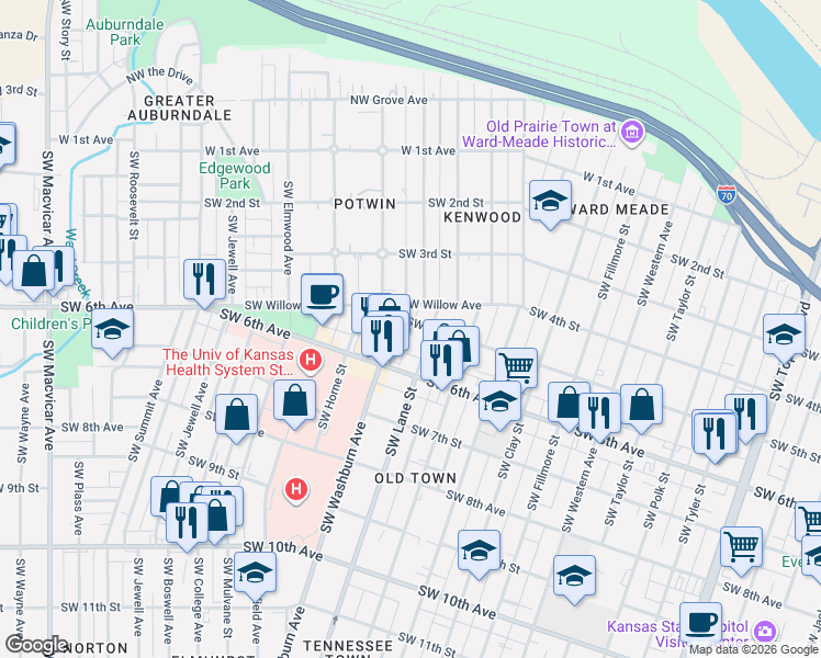 map of restaurants, bars, coffee shops, grocery stores, and more near 1515 SW Willow Ave in Topeka