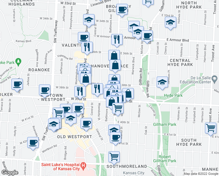 map of restaurants, bars, coffee shops, grocery stores, and more near 3809 Baltimore Avenue in Kansas City
