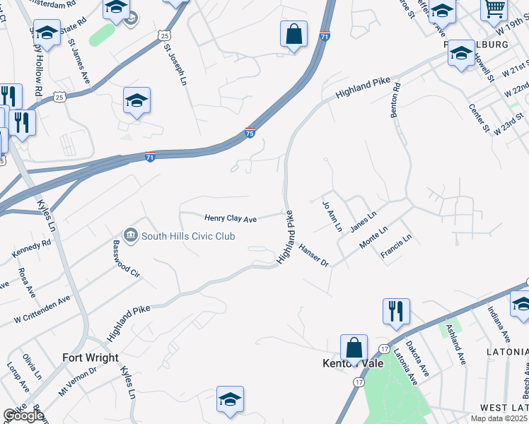 map of restaurants, bars, coffee shops, grocery stores, and more near 1225 Upland Avenue in Covington