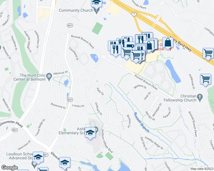 map of restaurants, bars, coffee shops, grocery stores, and more near 44052 Gala Circle in Ashburn
