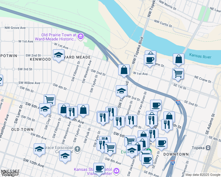 map of restaurants, bars, coffee shops, grocery stores, and more near 235 Southwest Tyler Street in Topeka