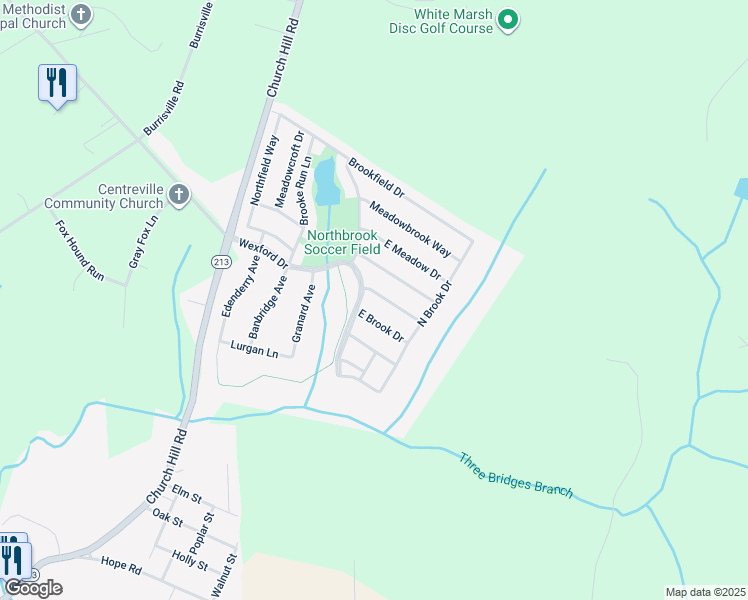 map of restaurants, bars, coffee shops, grocery stores, and more near 114 Cool Meadow Drive in Centreville